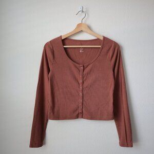 A New Day Button Front Ribbed Long Sleeve Top | S